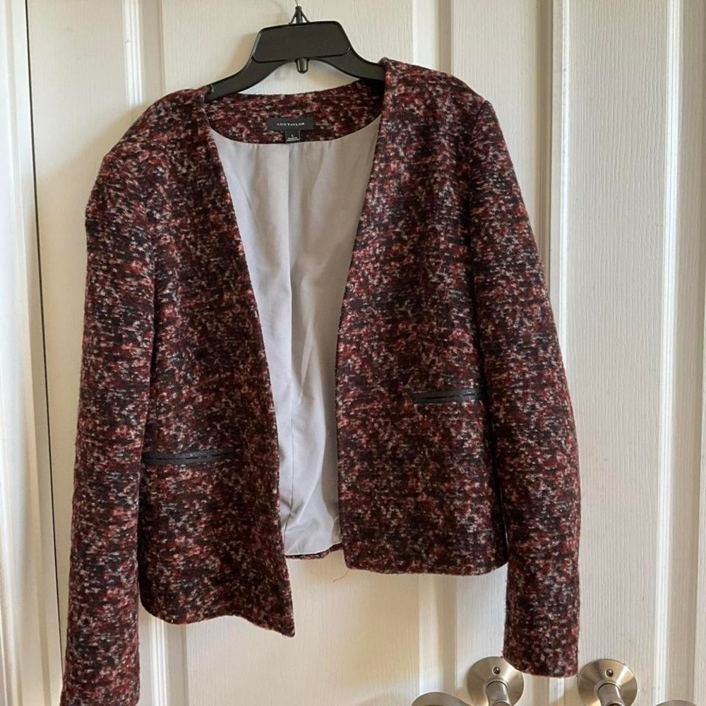 Ann Taylor Red and Black Multicolor Tweed‎ Blazer with Faux Leather